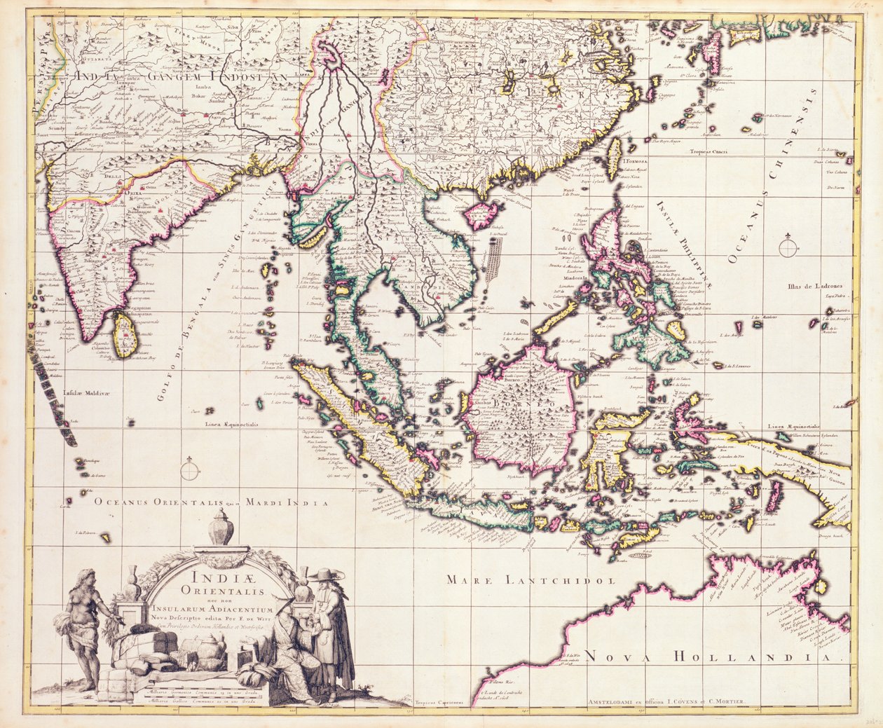 Kort over Indien og Østindien (håndfarvet gravering) af Frederick de Wit