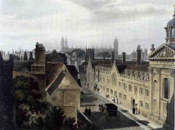 Ydersiden af Pembroke College, set fra et vindue i Peterhouse, Cambridge, fra "The History of Cambridge", graveret af Joseph Constantine Stadler (fl.1780-1812), udgivet af R. Ackermann. af Frederick (after) Mackenzie