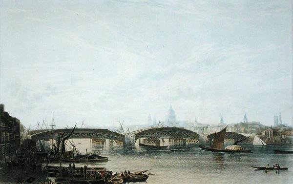A View of Southwark Bridge, som den så ud i maj 1818, indgraveret af W. Bennett efter en tegning af originalen af W.H. Timms af Frederick (after) Nash