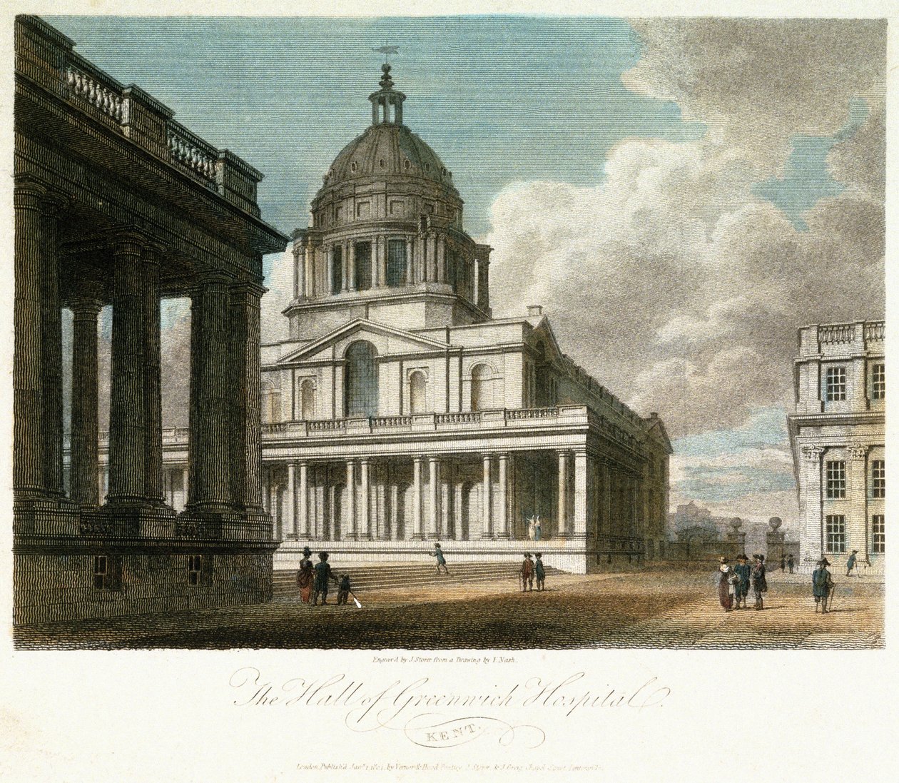 Udsigt over Greenwich Hospital (Kent, England), beskrivelse af kuplen og det nordøstlige hjørne af kong Williams (William) gård, med hallens nordfacade malet bagved, og med en del af dronning Marys gård og kapel af Frederick (after) Nash