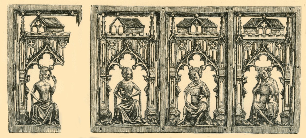 Riddere og damer siddende under baldakiner, gennemboret panel af elfenben, midten af slutningen af det 14. århundrede, 1881. af Frederick Albert Slocombe