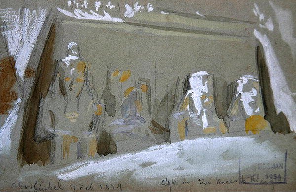 Fire kolossale statuer af Ramses II ved det store tempel i Abu Simbel af Frederick Arthur Bridgman