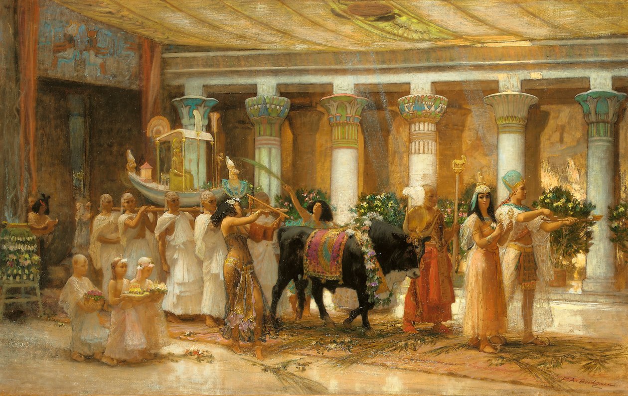 The Procession of the Sacred Bull, Apis, ca. 1879 (olie på lærred) af Frederick Arthur Bridgman