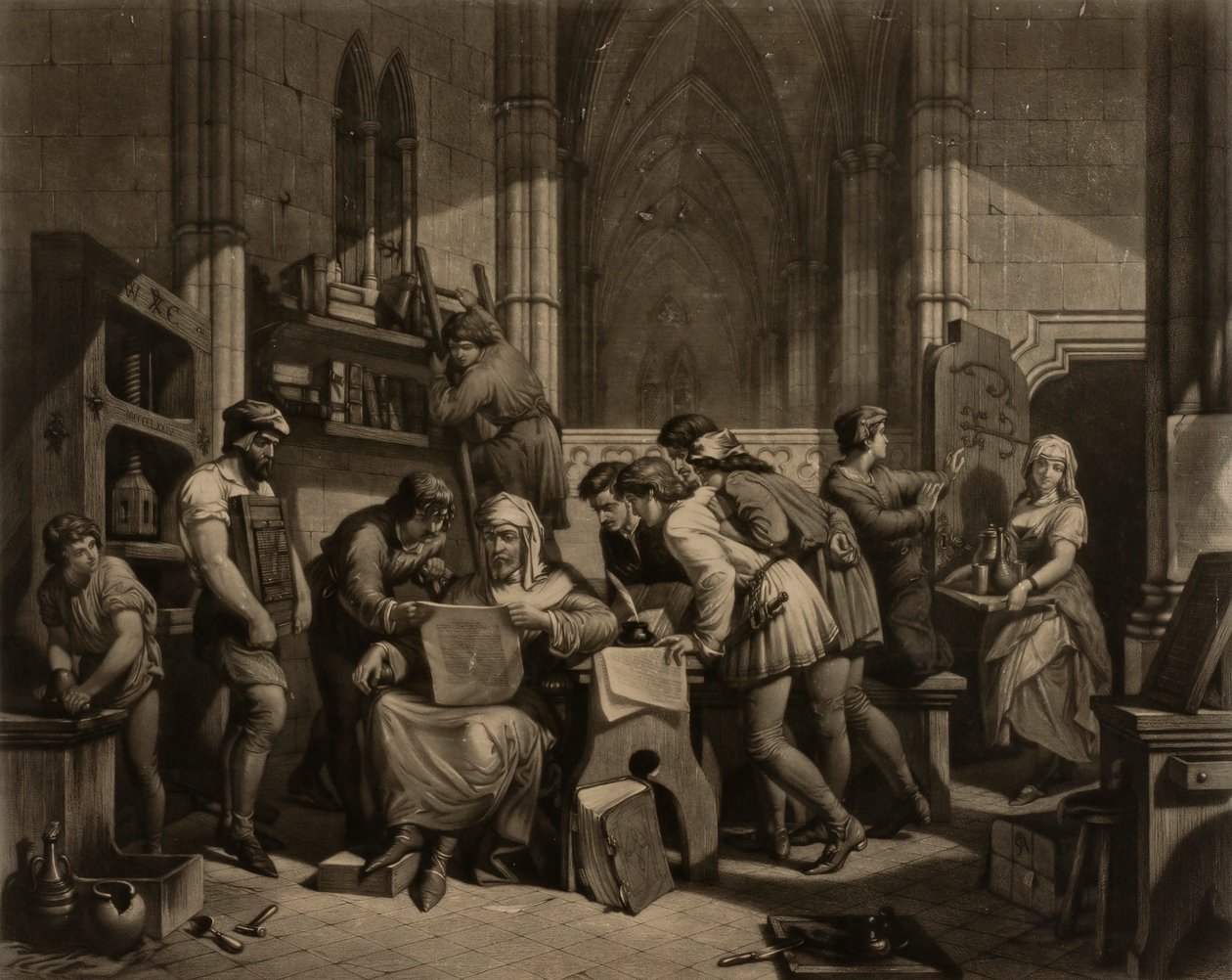 William Caxton - undersøger det første prøveark fra hans trykpresse i Westminster Abbey, 1474 e.Kr. af Frederick Bacon