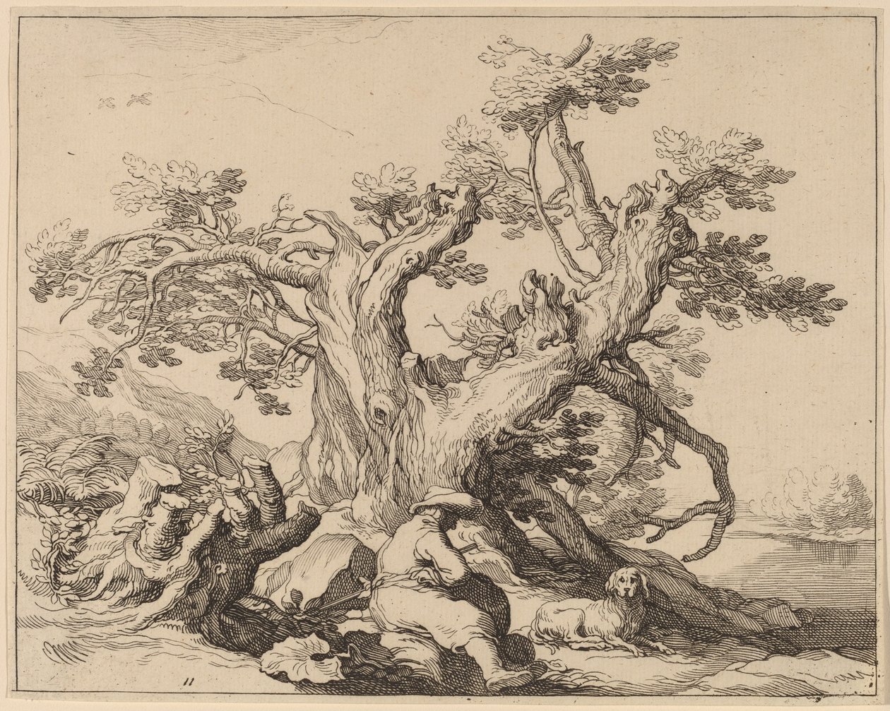 En mand og hans hund hviler ved et stort træ af Frederick Bloemaert after Abraham Bloemaert