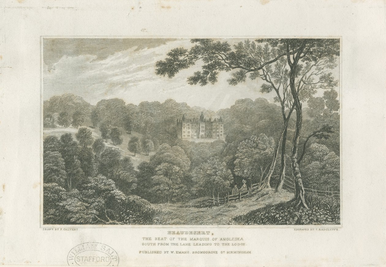 Beaudesert Hall og Park: gravering, nd [c 1830] af Frederick Calvert