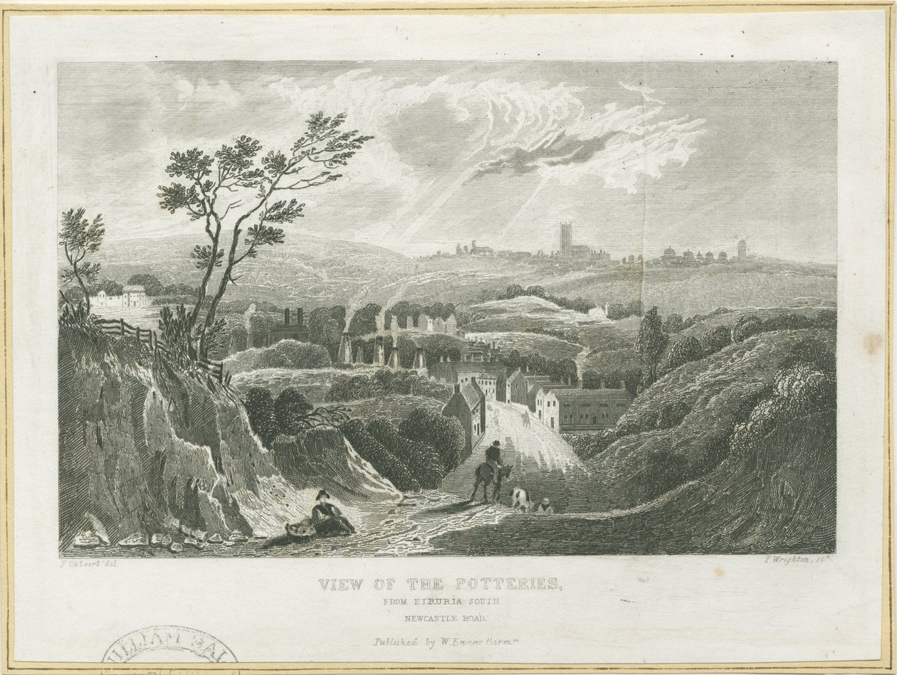 Burslem - View of the Potteries: engraving, nd [c 1830s] dani af Frederick Calvert