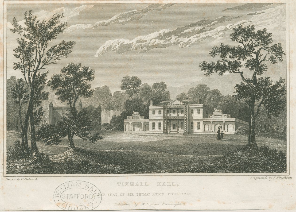 Tixall Hall: gravering, nd [c 1830] (tryk) af Frederick Calvert