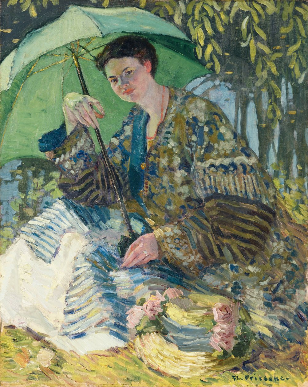 Dame med en parasol, ca. 1905 (olie på lærred) af Frederick Carl Frieseke
