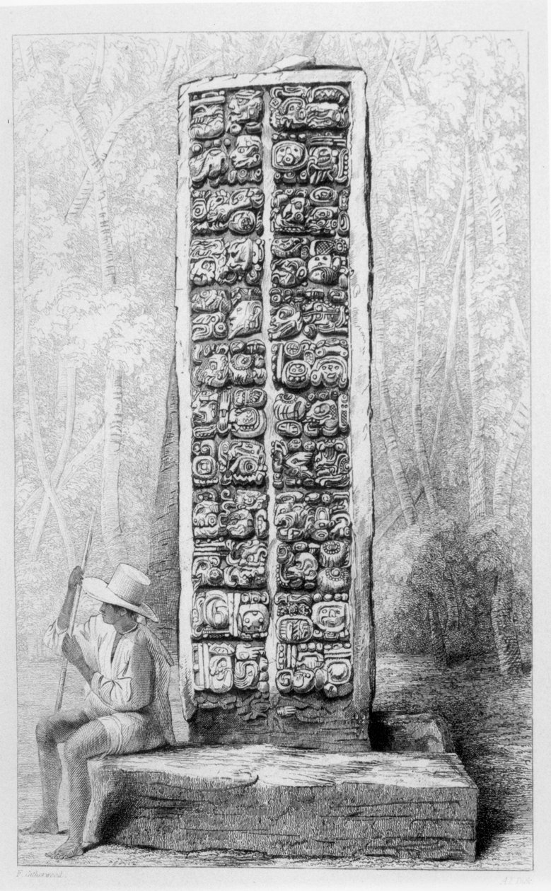 Hieroglyffer på bagsiden af et monument i Copan, Honduras, fra bind I af 