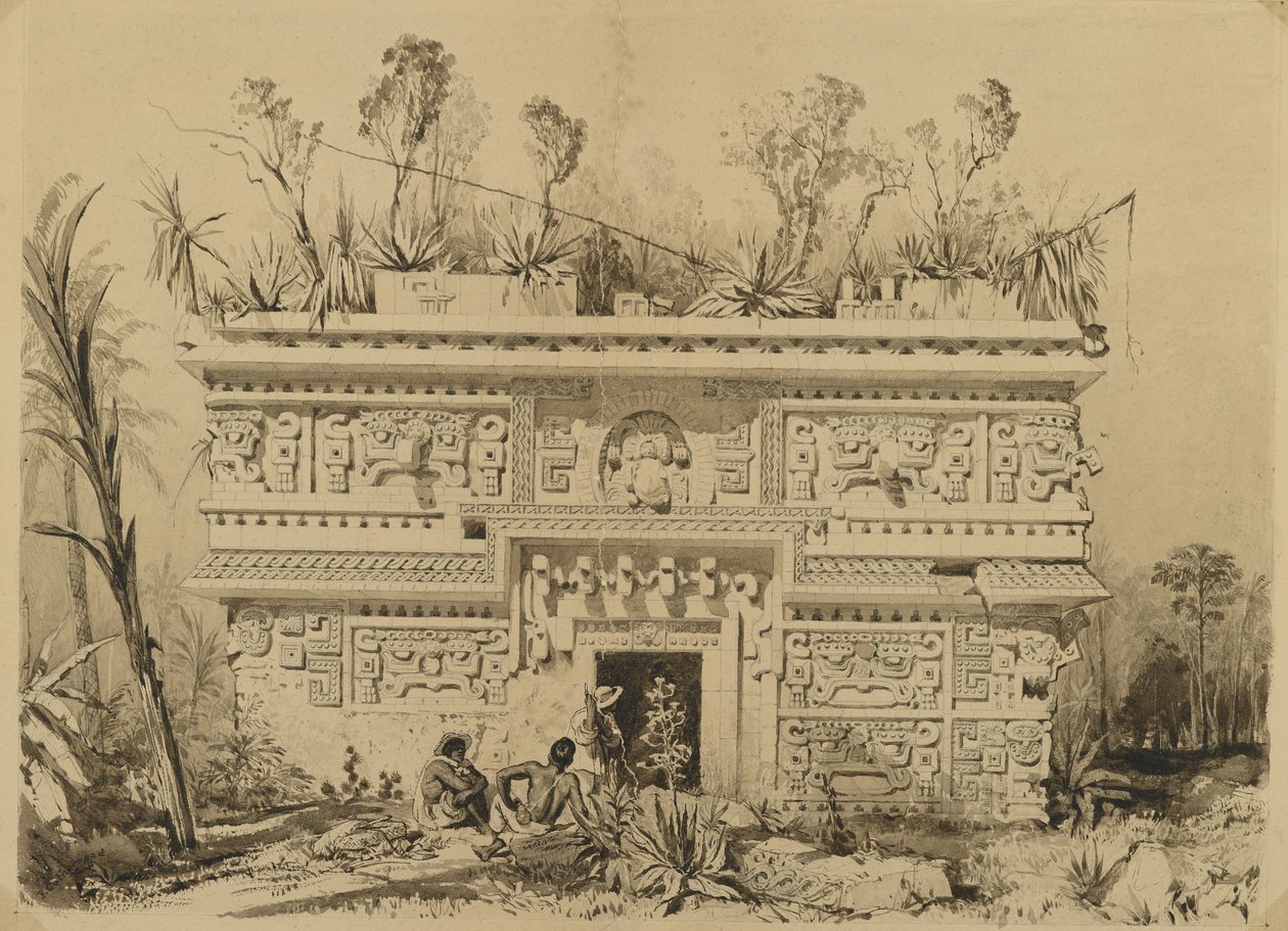 Las Monjas, Chichen Itza, Yucatan, 1843 (sepia blæk & vask på vævet papir) af Frederick Catherwood
