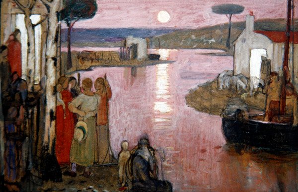 Aftenidyl, ca. 1910 (tempera på sort farveblyant ombord) af Frederick Cayley Robinson