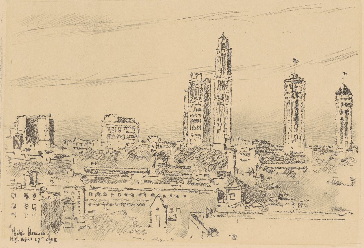 New York Skyline, Light Buildings, 1918. af Frederick Childe Hassam