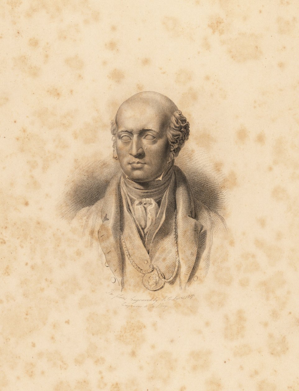 Portrætbuste af kunstneren Sir Thomas Lawrence. Indgravering af Frederick Christians Lewis efter en illustration af Sir Thomas Lawrence fra P.G. Patmore
