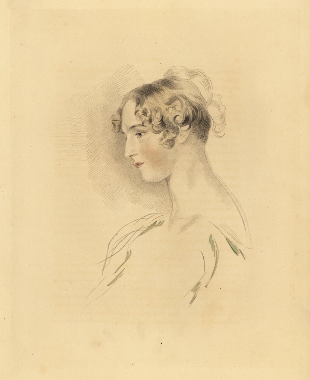 Portræt af Mary Isabella Bloxam som ung kvinde, niece til Sir Thomas Lawrence. Med håret op og krøllet, i en off-the-shoulder kjole. Indgravering af Frederick Christian Lewis efter en illustration af Sir Thomas Lawrence fra P.G. Patmores kabinet af G af Frederick Christian Lewis