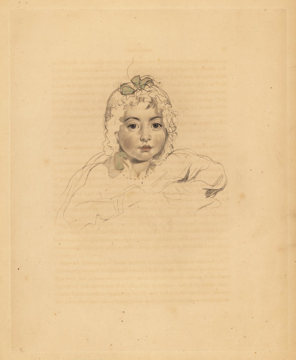 Portræt af Mary Isabella Bloxam, niece til Sir Thomas Lawrence. I motorhjelm med bånd. Håndtonet gravering af Frederick Christian Lewis efter en illustration af Sir Thomas Lawrence fra P.G. Patmore