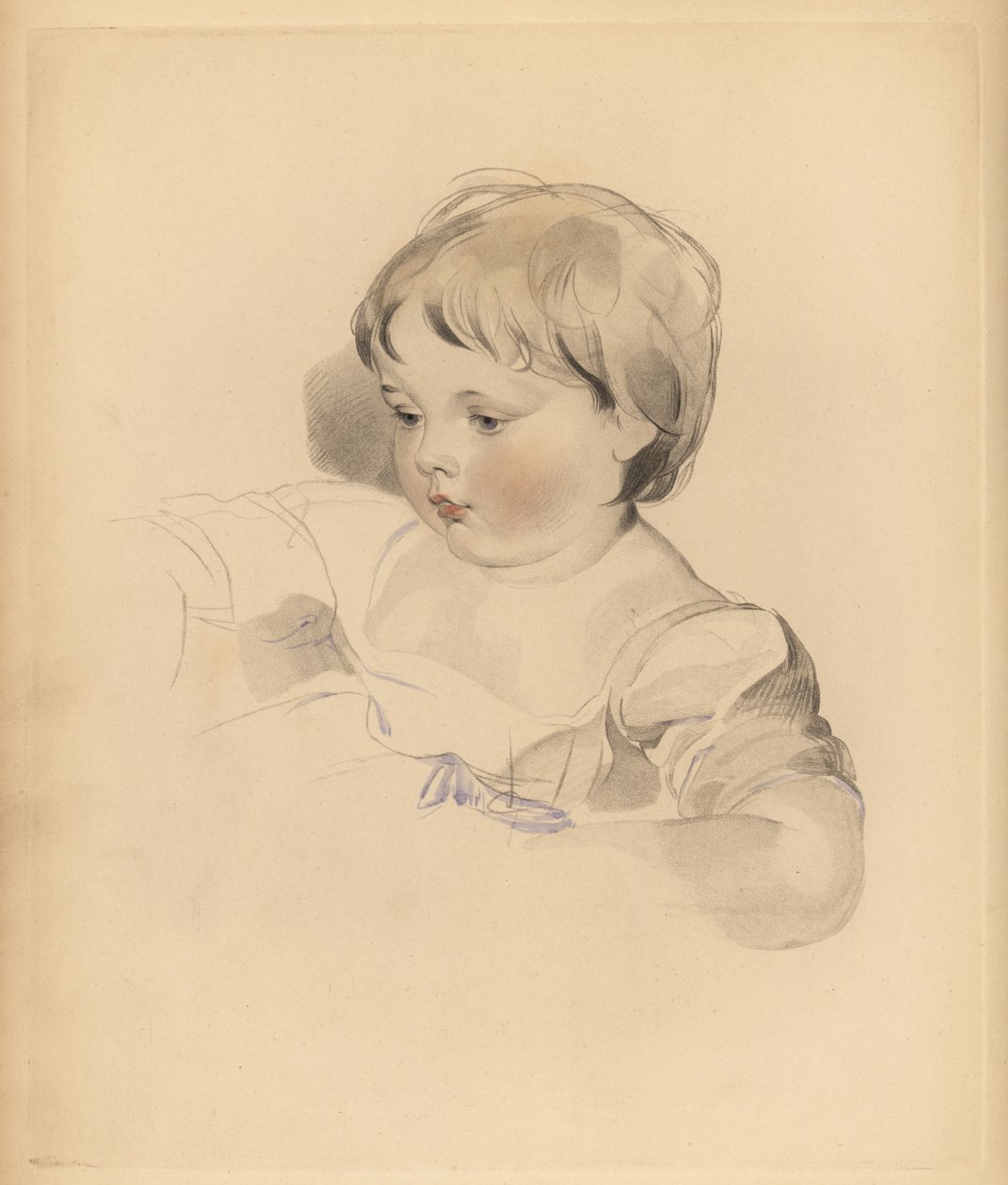 Portræt af Rowland Bloxam, nevø til Sir Thomas Lawrence. Buttet dreng i kjole bundet med blåt bånd. Håndtonet gravering af Frederick Christian Lewis efter en illustration af Sir Thomas Lawrence fra P.G. Patmore