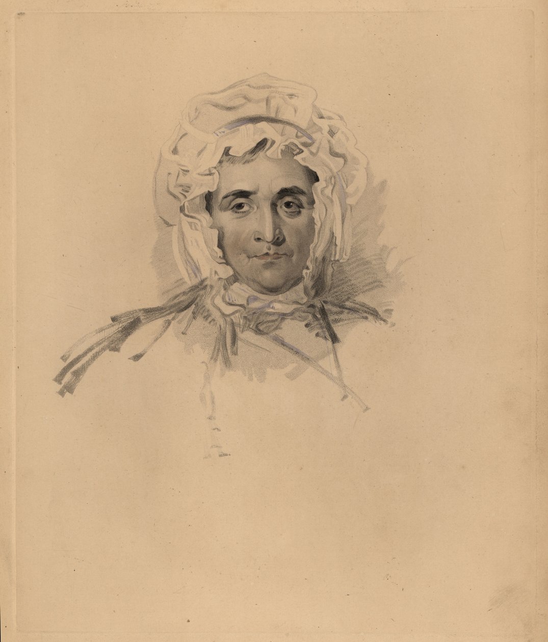 Portræt af Sir Thomas Lawrences mor Lucy Read tæt på døden. I hætte og højhalset kjole. Håndtonet gravering af Frederick Christian Lewis efter en illustration af Sir Thomas Lawrence fra P.G. Patmore