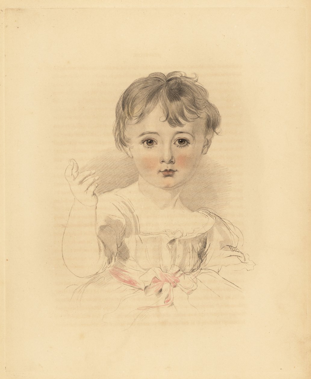 Portræt af Thomas Lawrence Bloxam, nevø til Sir Thomas Lawrence. I kjole bundet med et lyserødt bånd. Håndtonet gravering af Frederick Christian Lewis efter en illustration af Sir Thomas Lawrence fra P.G. Patmore