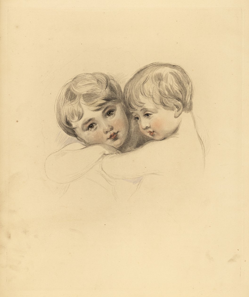 Portræt af Calmeady-børnene i en omfavnelse. Håndtonet gravering af Frederick Christian Lewis efter en illustration af Sir Thomas Lawrence fra P.G. Patmore