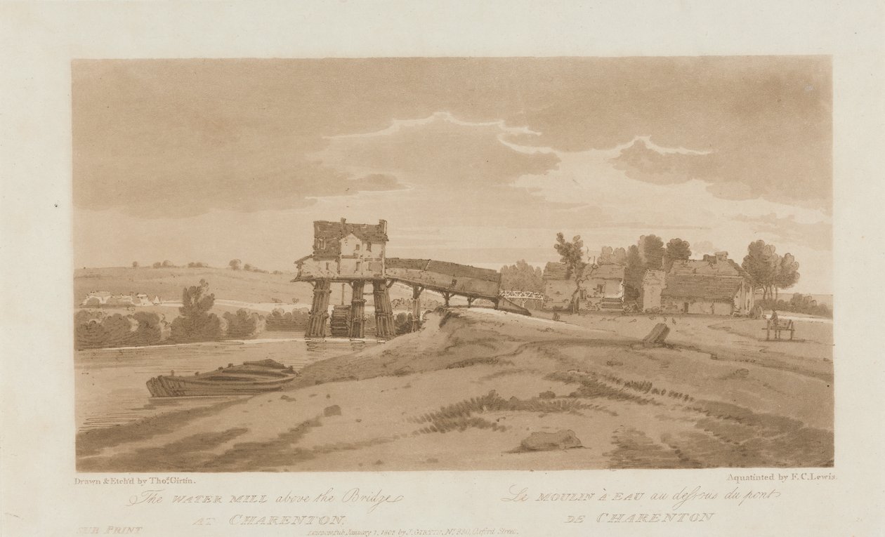 Vandmøllen over broen ved Charenton 1803; Plade 20 fra visninger i Paris, Emanuel -volumensporing af pladen B181.25.2629 af Frederick Christian Lewis the Elder