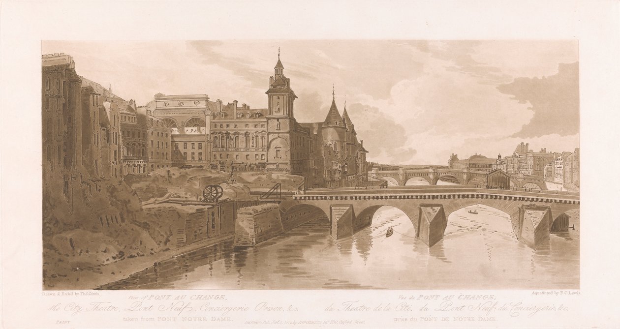 Udsigt over Pont au Change, Theatre de la Cite, Pont Neuf og Conciergerie-fængslet af Frederick Christian Lewis the Elder