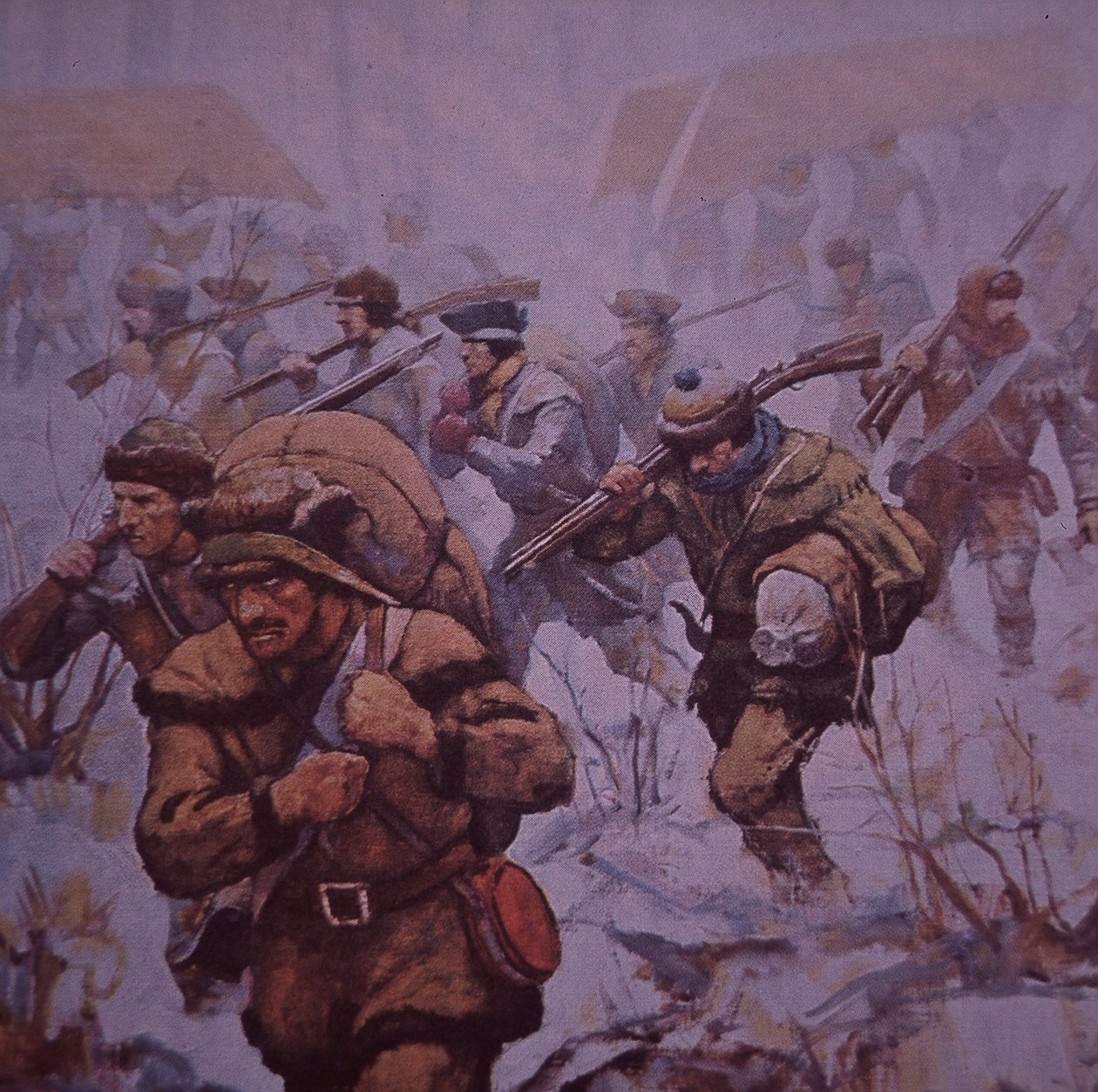 Den amerikanske invasion af Canada. Benedict Arnolds soldater marcherede fra Boston til Quebec i 1775, ca. 1930 (farve litho) af Frederick Coffay (after) Yohn