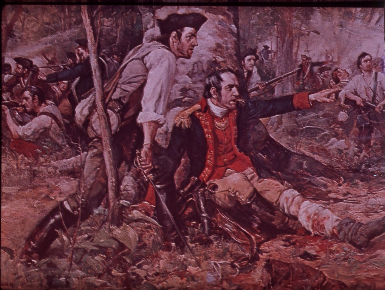 Slaget ved Oriskany i 1777, ca. 1930 (farve litho) af Frederick Coffay (after) Yohn