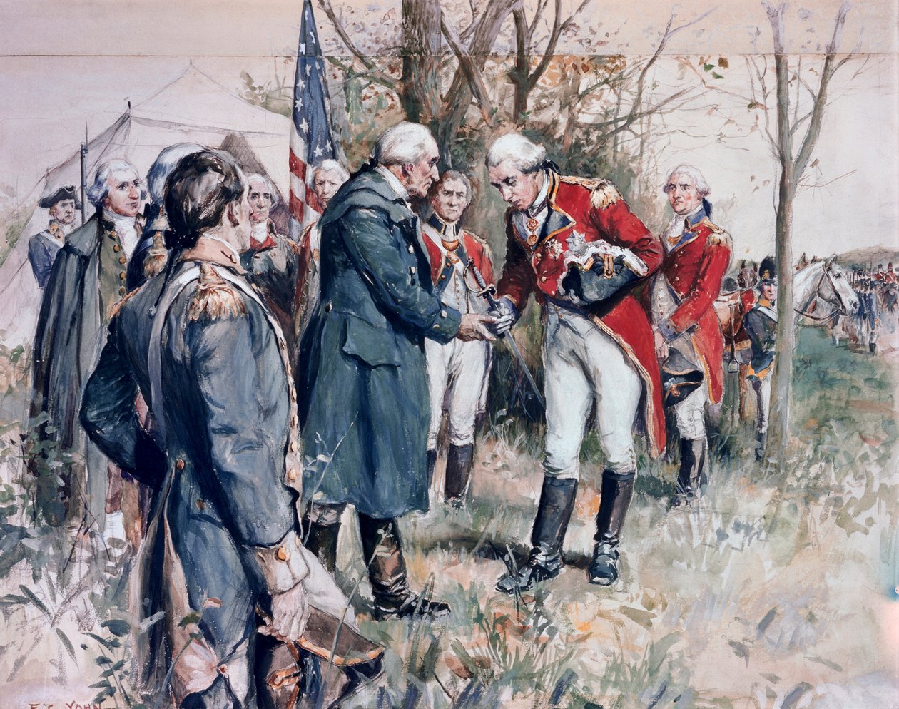 Den amerikanske uafhængighedskrig (1775-1783): Den britiske general John Burgoynes (1722-1792) overgivelse ved Saratoga i 1777 - Illustration af F.C. Yohn (Frederick Coffay Yohn) (1875-1933) af Frederick Coffay Yohn