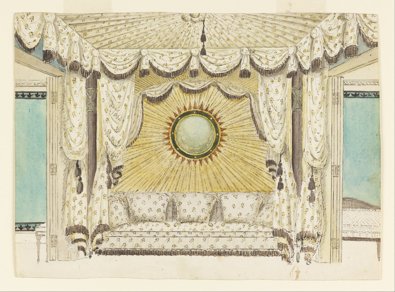 Design til seng med teltalkove, sandsynligvis til prinsen af Wales soveværelse eller Boudoir, Royal Pavi af Frederick Crace