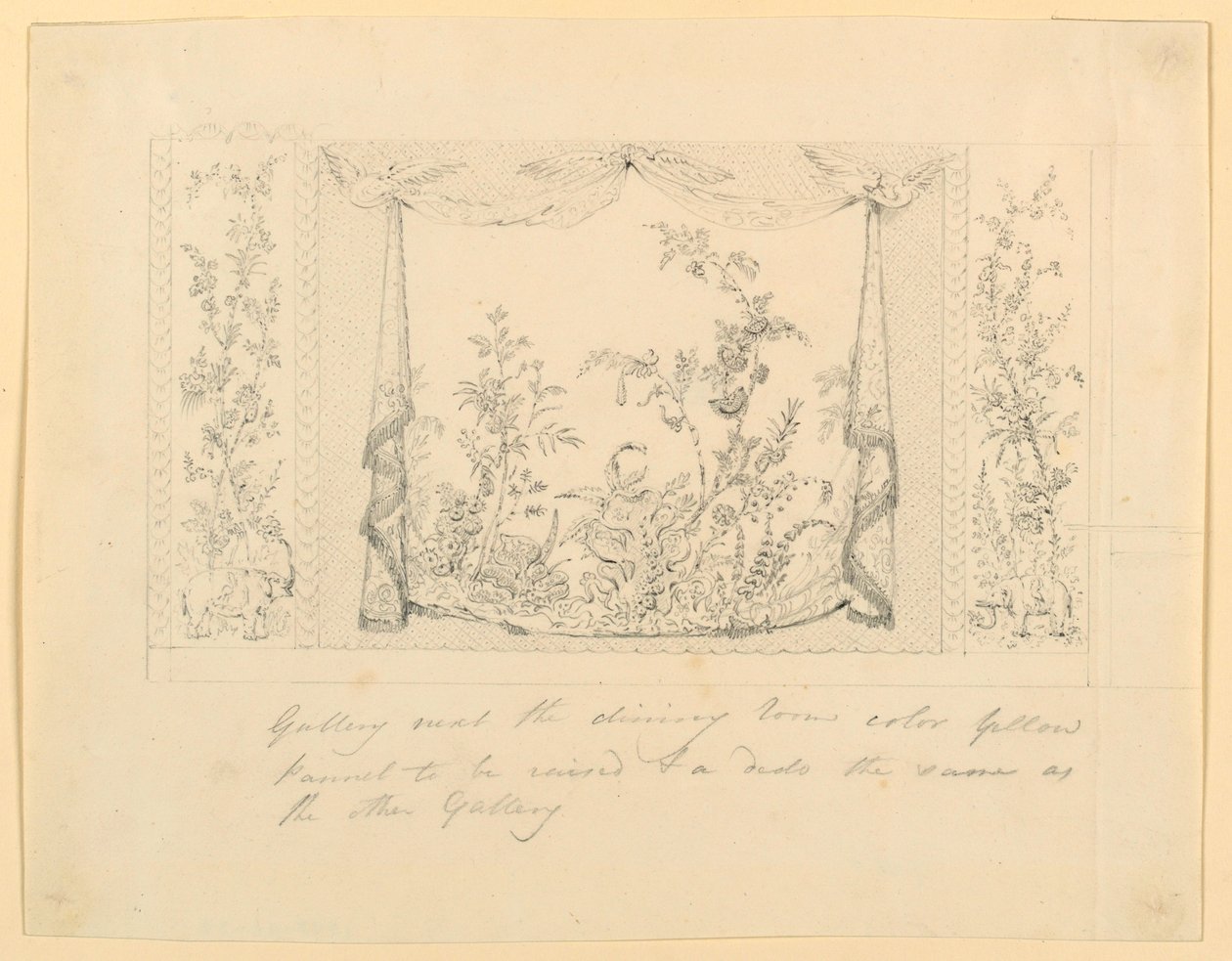 Tegning, The Royal Pavilion, Brighton, blå (sydlige) salon, forslag til vægdekoration, ca. 1820 af Frederick Crace