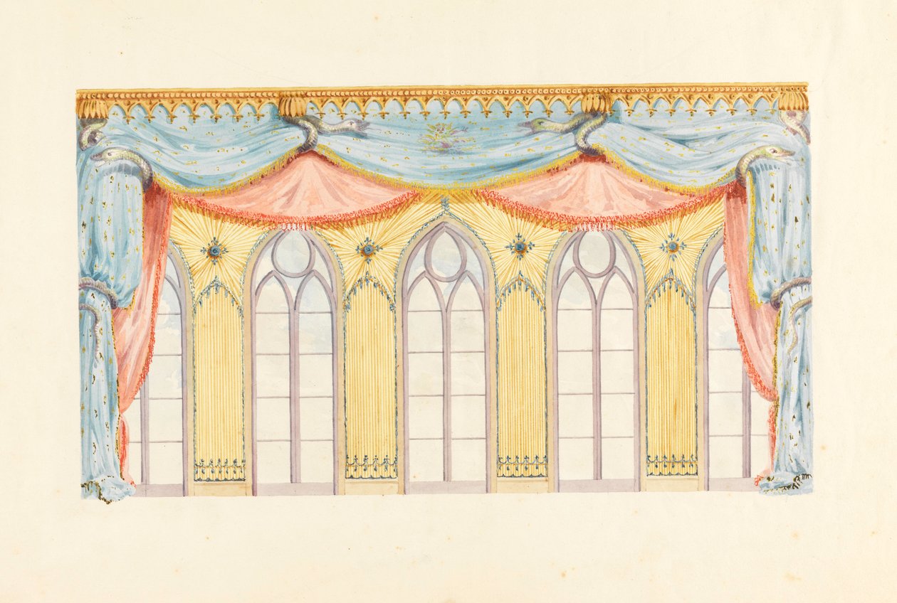 Tegning, vinduesdekoration, sandsynligvis til østvæggen i musiklokalet, Royal Pavilion, Brighton, 1820 af Frederick Crace