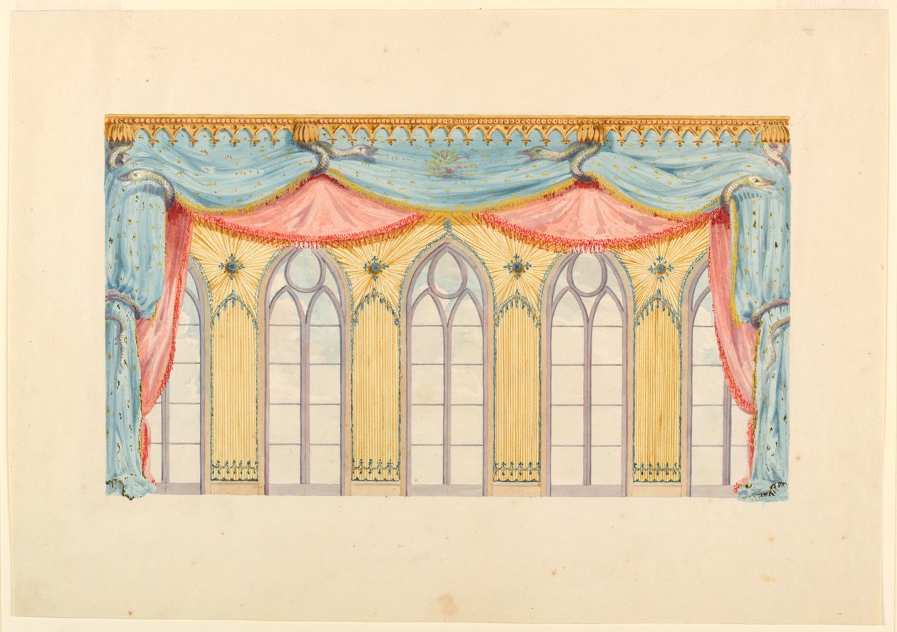 Tegning, vinduesdekoration, sandsynligvis til østvæggen i musiklokalet, Royal Pavilion, Brighton, 1820 af Frederick Crace