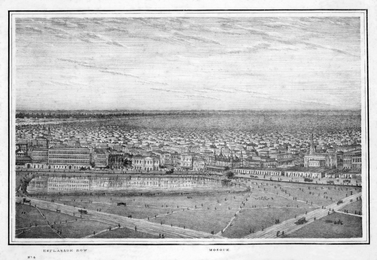 Esplanade Row og moske, panorama af Calcutta, Indien, c1840