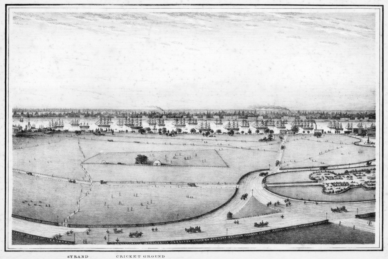 Strand og cricketbane, panorama af Calcutta, Indien, c1840