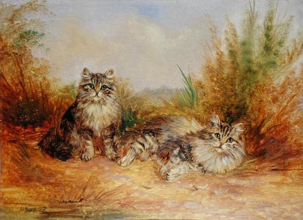 To Tabby-killinger i et landligt landskab (olie om bord) af Frederick French