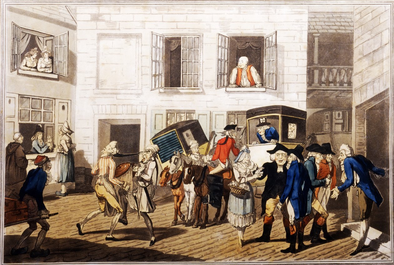 Inn Yard at Calais, pub. af William Holland, London, 1790 (håndfarvet akvatint) af Frederick George Byron