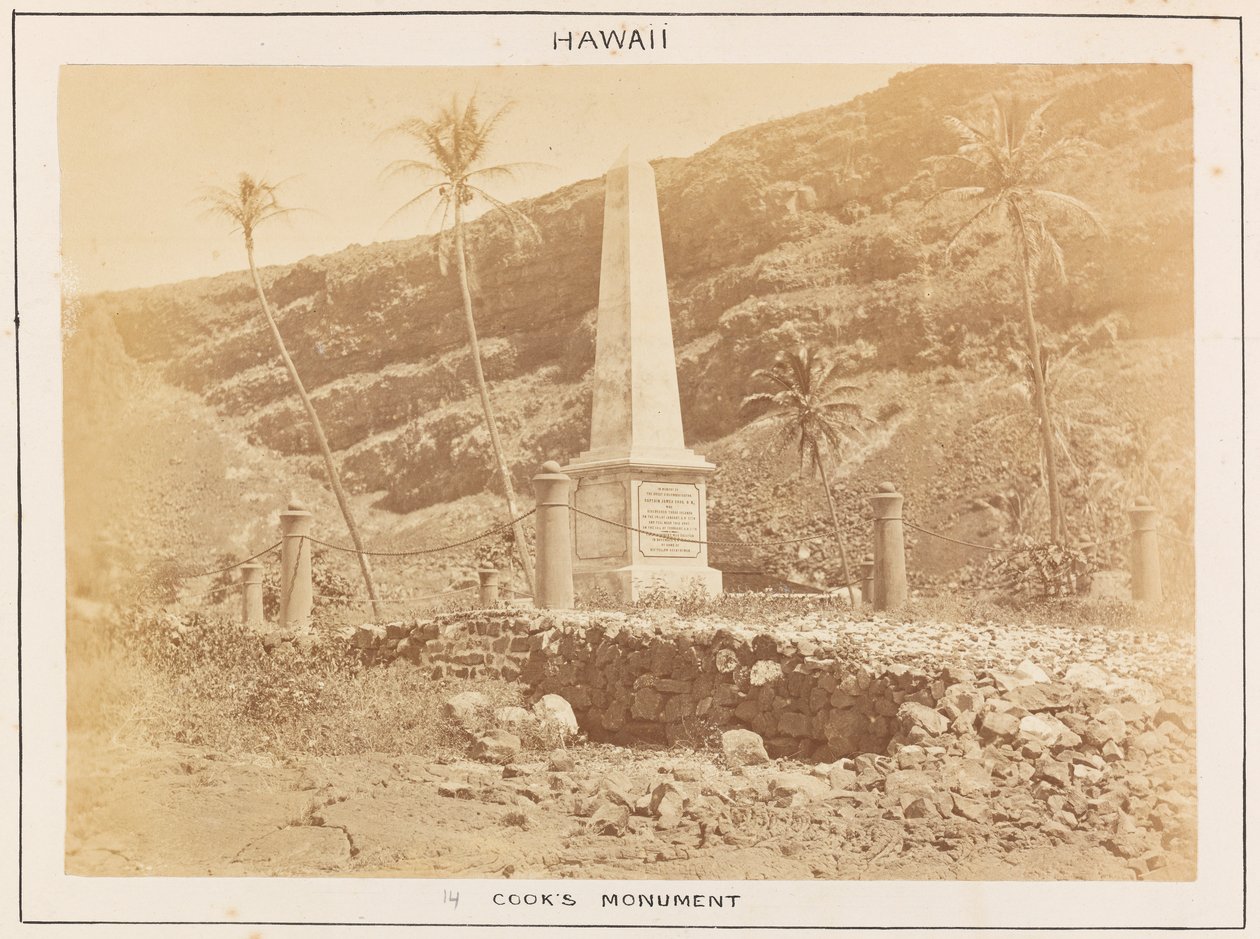 Stillehavsstationen i HMS Triumph - plade 14, Cooks monument, Hawaii. af Frederick George Denham Bedford