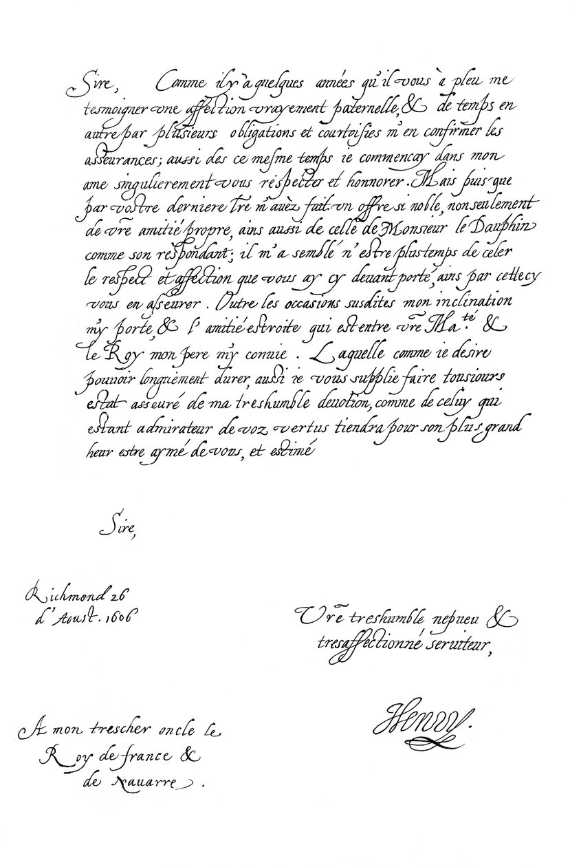 Brev fra Henry Frederick, Prins af Wales, til Kong Henrik IV af Frankrig, 1606 1865. af Frederick George Netherclift