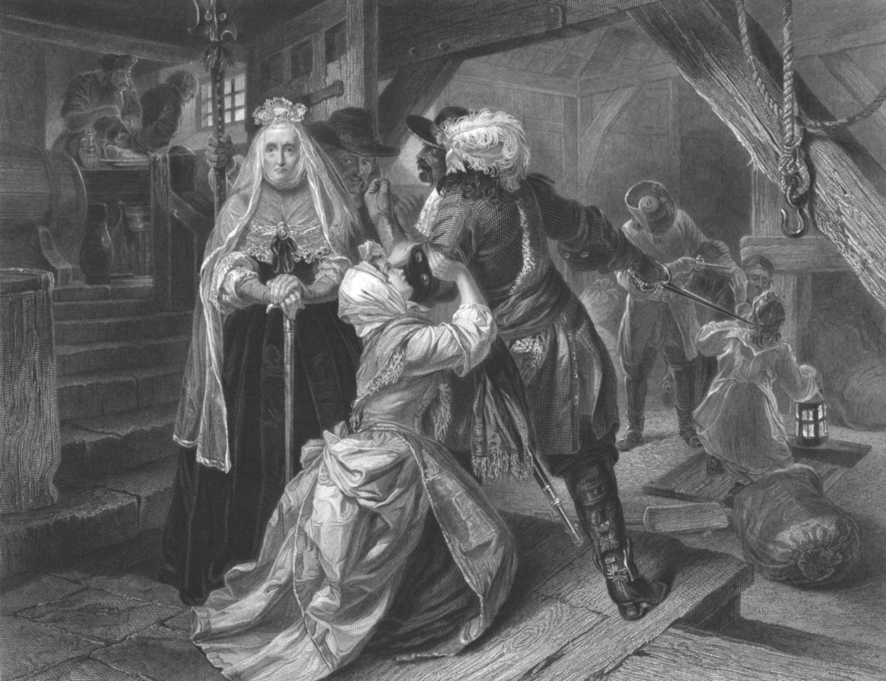 Anholdelse af Alice Lisle for at beskytte flygtninge fra slaget ved Sedgemoor, 1685, c1864 af Frederick Heath