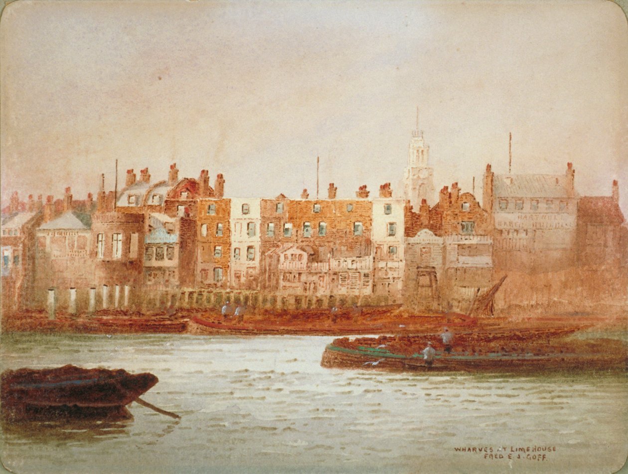 Wharves at Limehouse, London, c1850 af Frederick J Goff