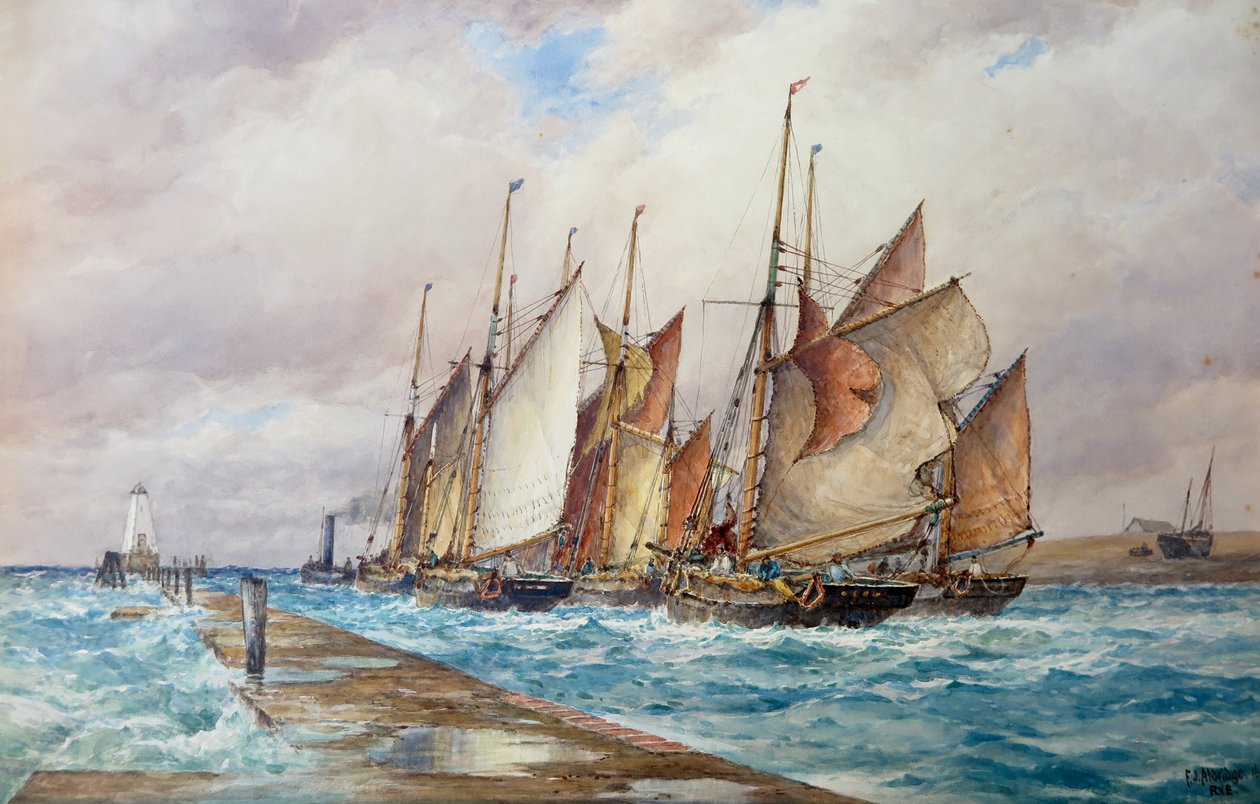 Rye Havn, Sussex: Fiskerflådens afgang (akvarel) af Frederick James Aldridge
