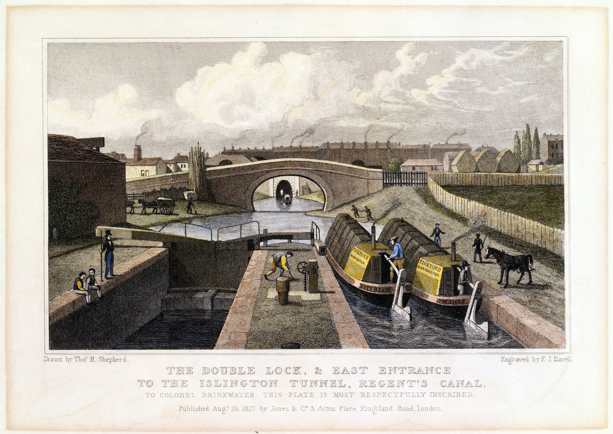 Dobbeltslusen og østindgangen til Islington-tunnelen, Regents Canal, 1827 af Frederick James Havell