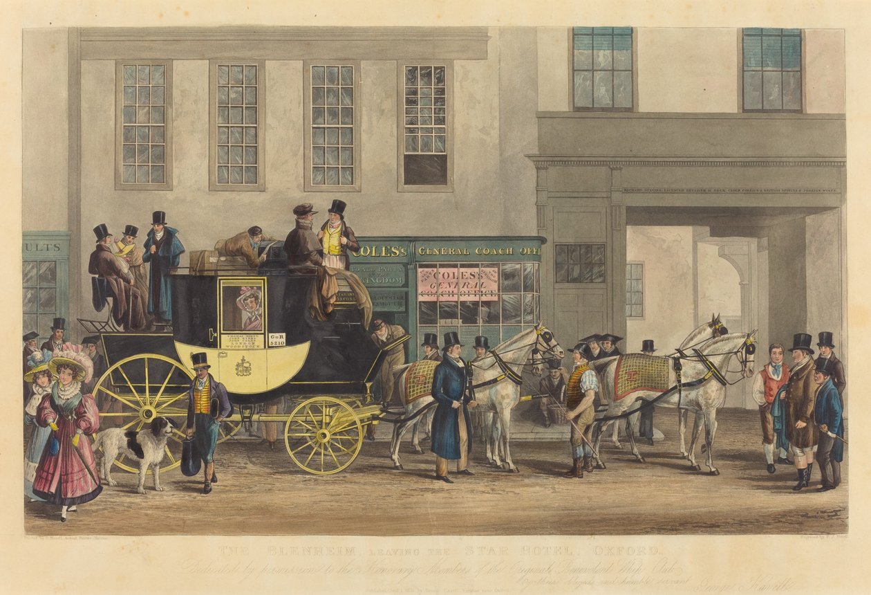 The Blenheim, Leaving the Star Hotel, Oxford af Frederick James Havell after George Havell