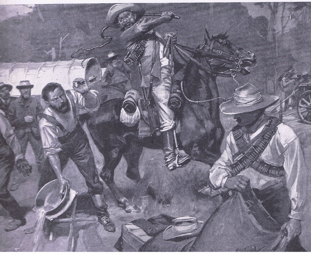 Boerernes behandling af fredsudsendinge: The flogging of Margendaal, fra After Pretoria: The Guerilla War udgivet af Harmsworth Bros Limited, 1901 af Frederick Judd Waugh