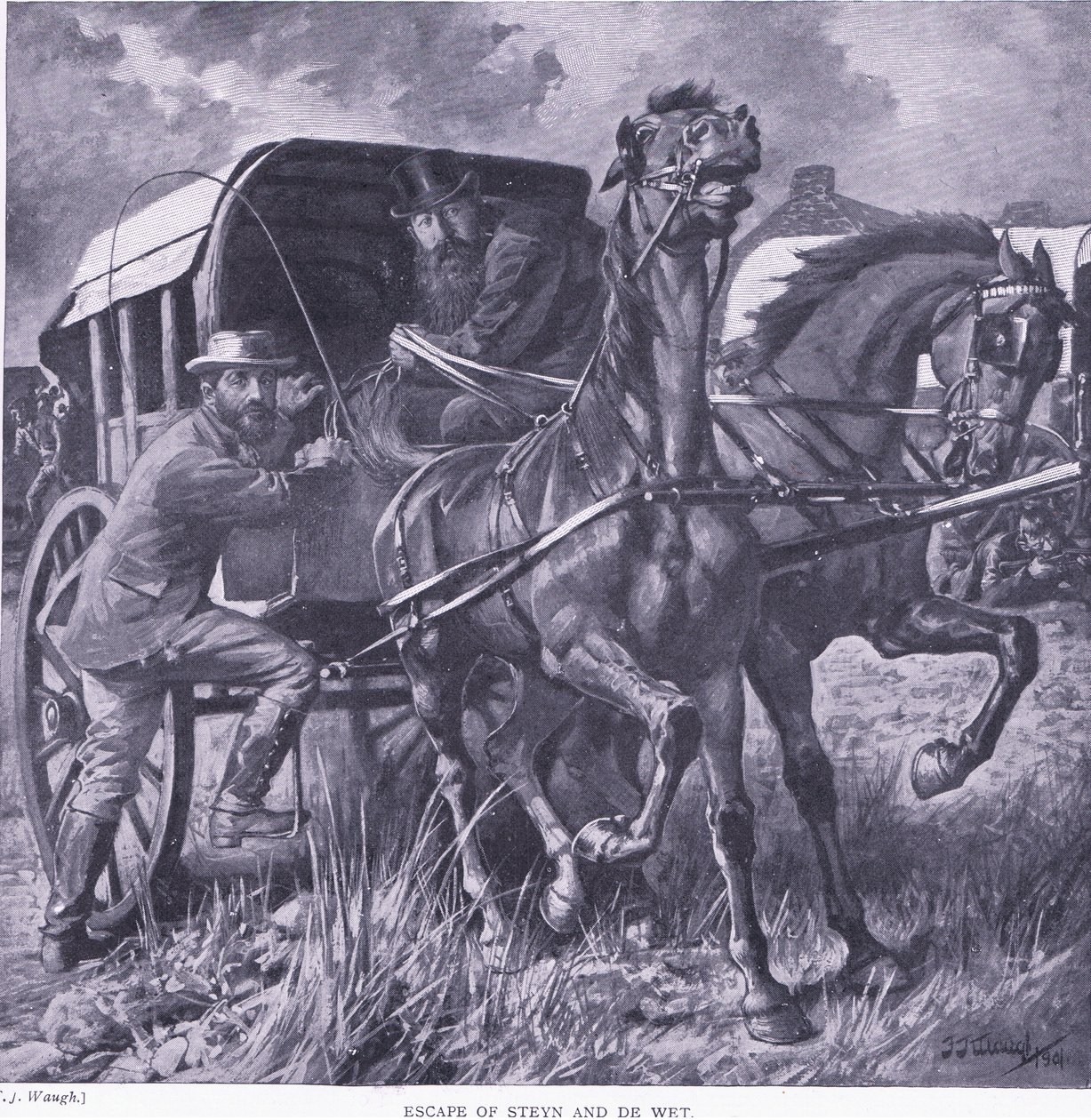 Escape of Steyn and De Wit, illustration fra After Pretoria: The Guerilla War, 1902 af Frederick Judd Waugh