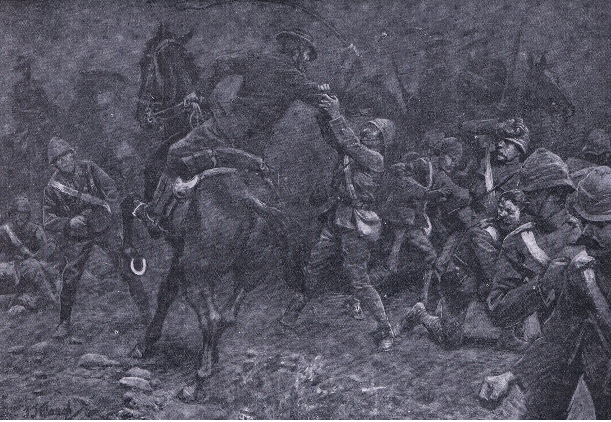 Major Boole-Smith tackler De Wet, fra After Pretoria: The Guerilla War udgivet af Harmsworth Bros Limited, 1901 af Frederick Judd Waugh
