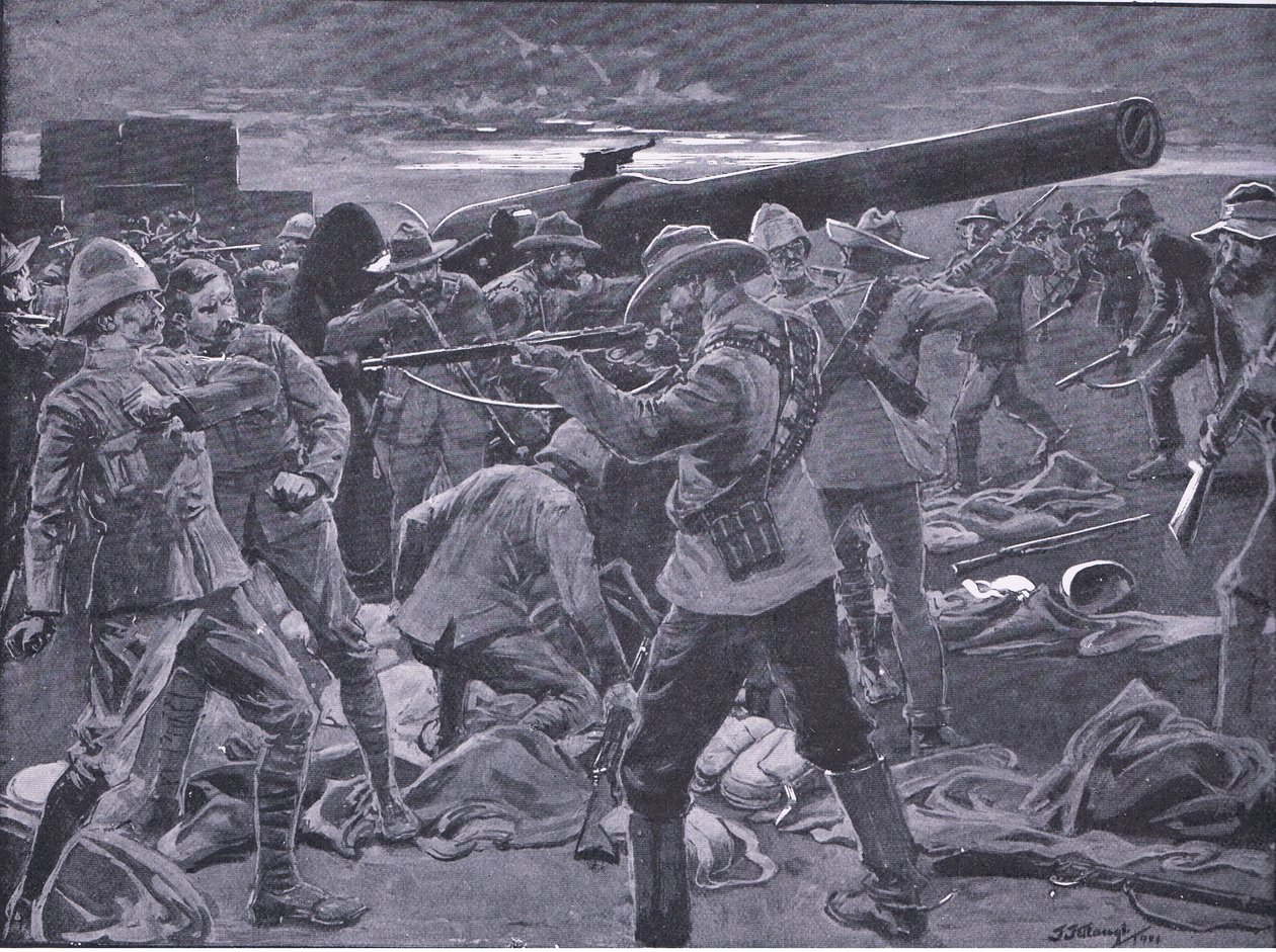 Angrebet på Gun Hill: Gunners of the Naval 47 overraskede, fra After Pretoria: The Guerilla War udgivet af Harmsworth Bros Limited, 1901 af Frederick Judd Waugh
