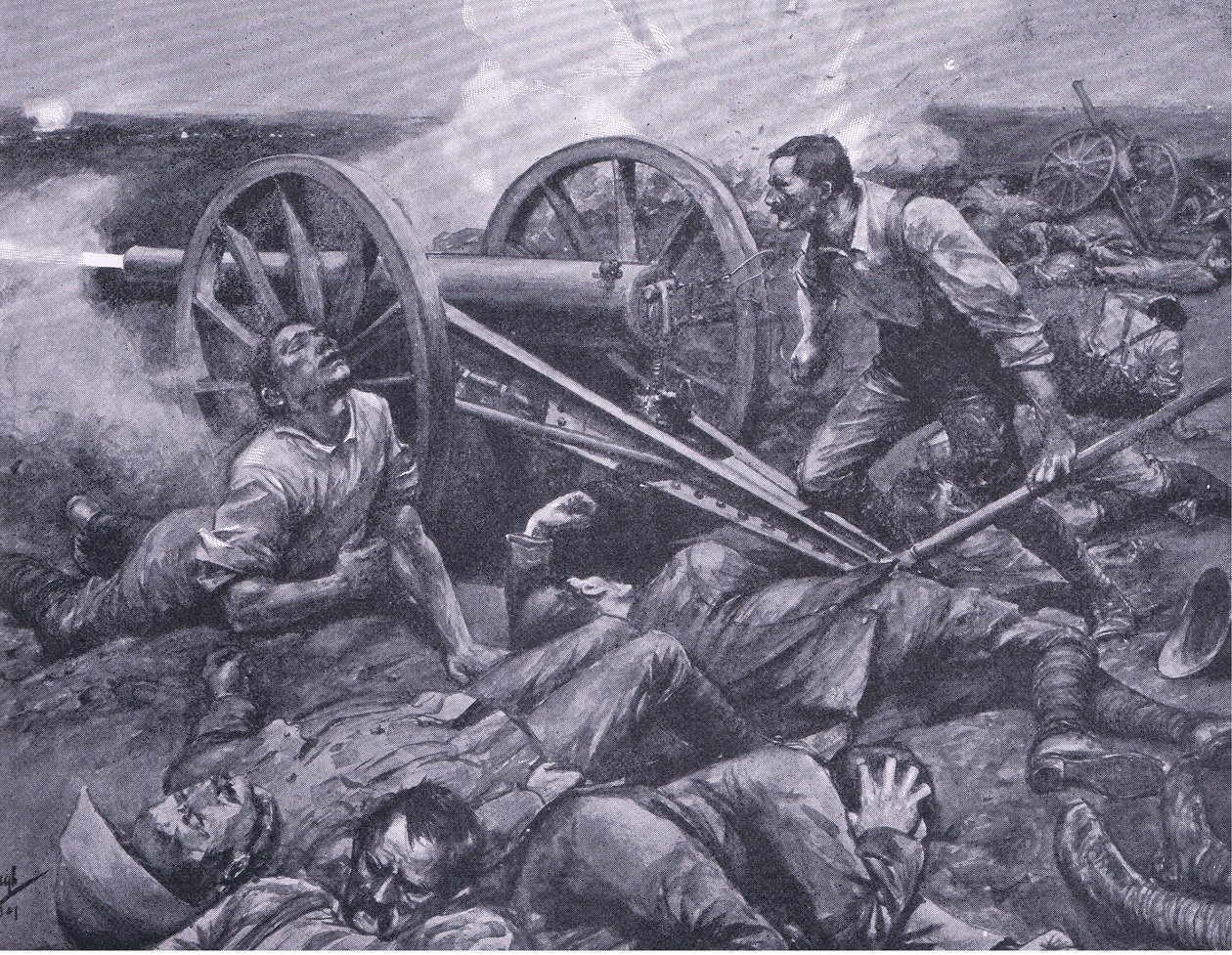 Forsvaret af Dewetsdorp: at arbejde med en 15-pundskanon egenhændigt, illustration fra Efter Pretoria: Guerillakrigen, 1902 af Frederick Judd Waugh