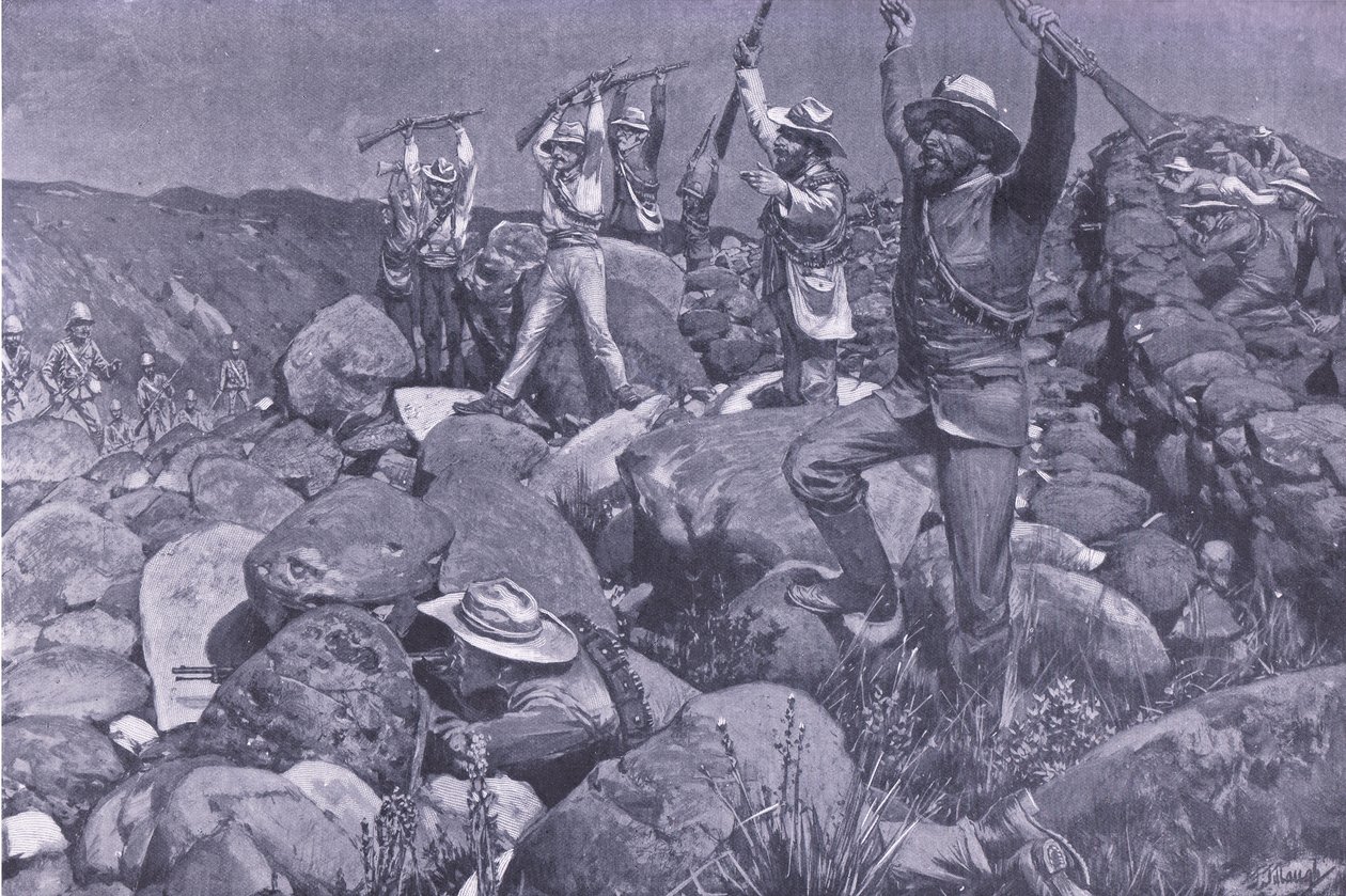 Den fingerede overgivelse, der trak Liverpools ind i en desperat position, illustration fra After Pretoria: The Guerilla War, 1902 af Frederick Judd Waugh